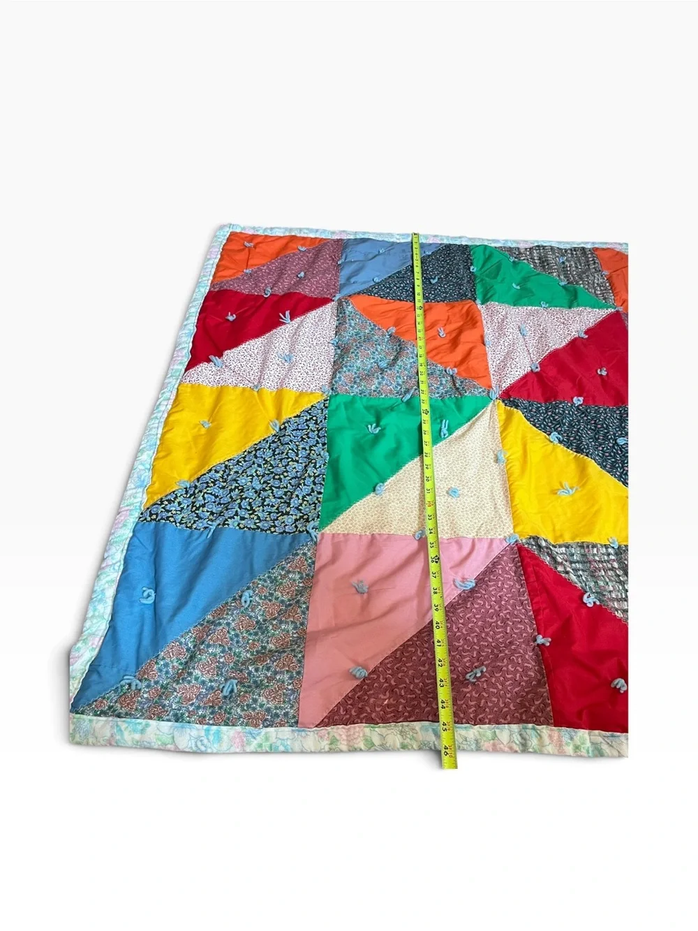 Patchwork Baby Quilt  Square Triangles Multicolor Handmade 46”x46” Lap Blanket